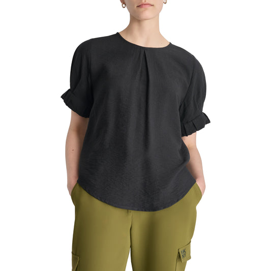 Roll-Sleeve Crinkle Crewneck Top