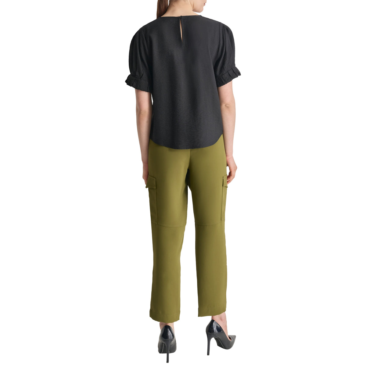 Roll-Sleeve Crinkle Crewneck Top