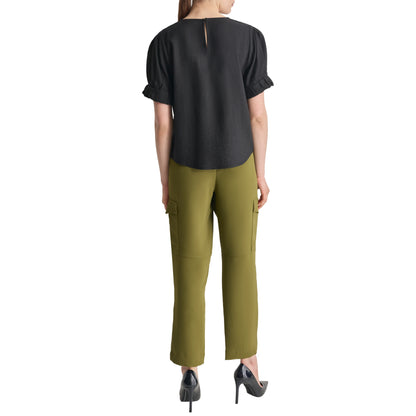 Roll-Sleeve Crinkle Crewneck Top
