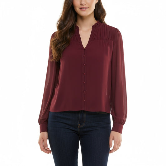 Button Front Long Sleeve Blouse