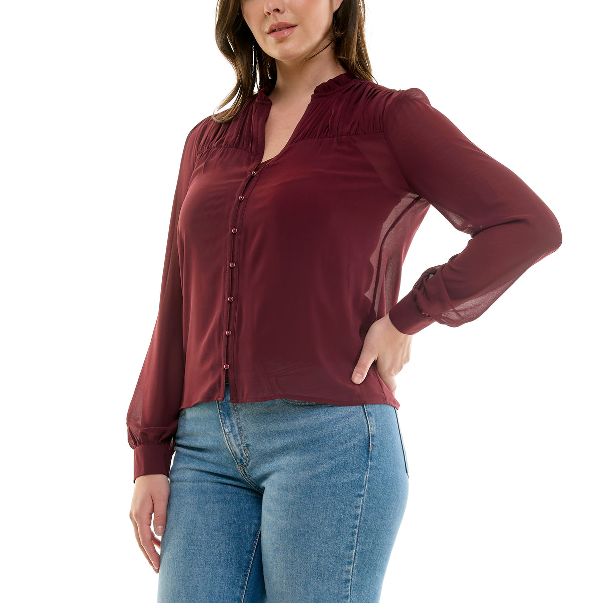 Button Front Long Sleeve Blouse
